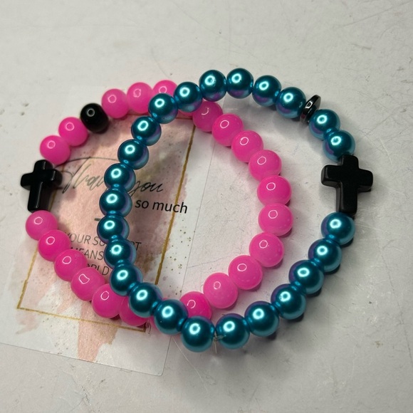 Hot Pink & Blue Pearl Cross Bracelet Set - Picture 2 of 2